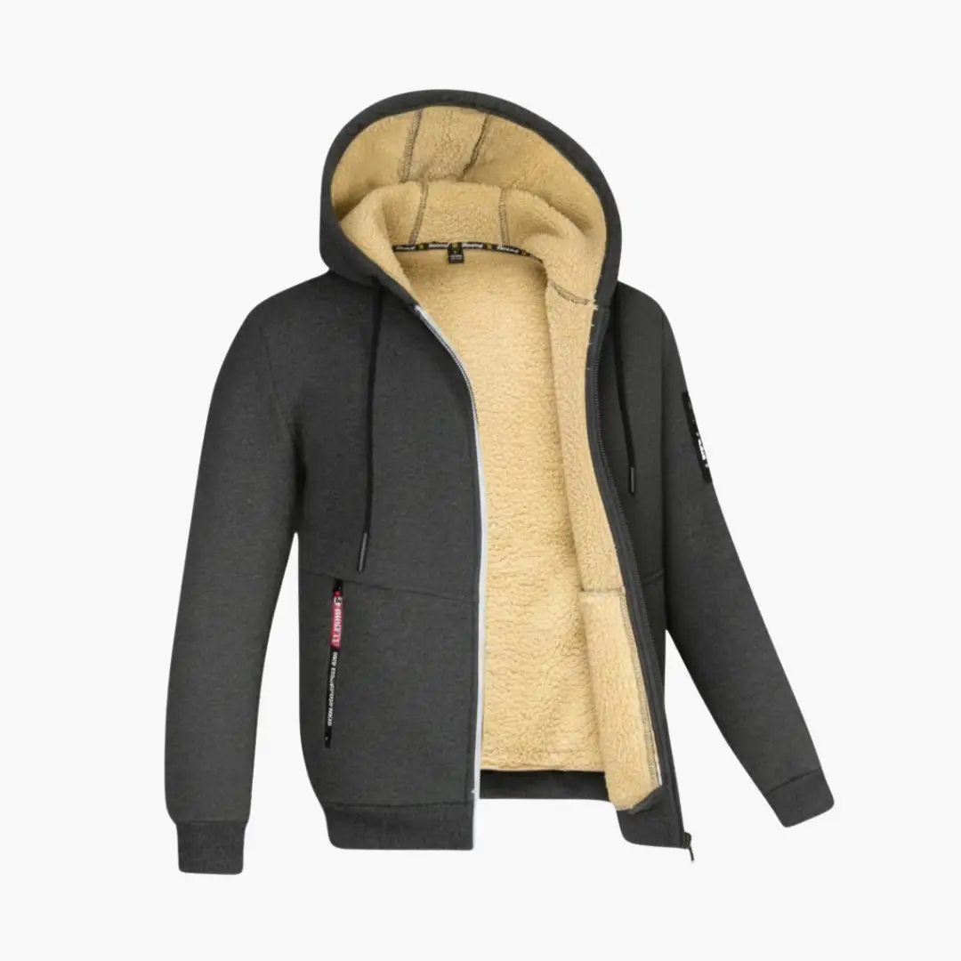 Men’s Hooded Jacket with Zipper and Lining, charcoal exterior with tan sherpa lining