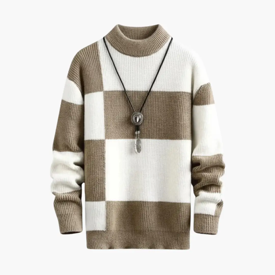 Men's sweater with chunky colorblock knit in beige and white