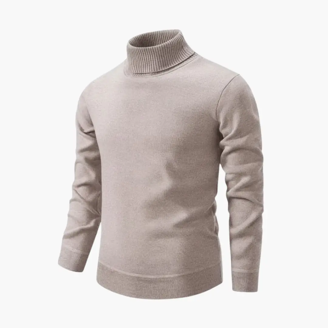 Men's turtleneck sweater by Wilfred Smith in beige with ribbed neck and hem