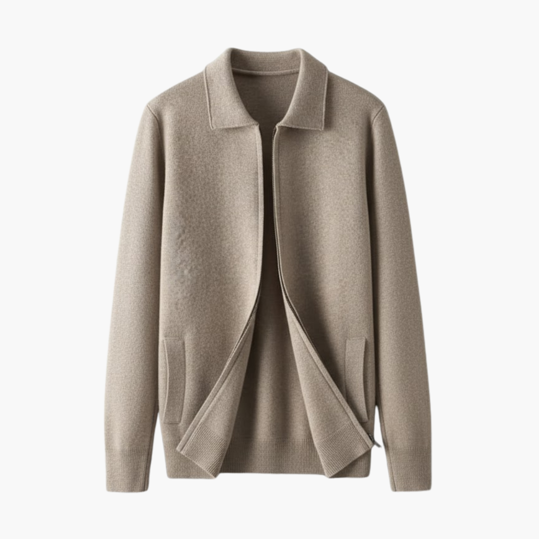 Men’s zip cardigan in beige with turn-down collar and front pockets by Wilfred Smith