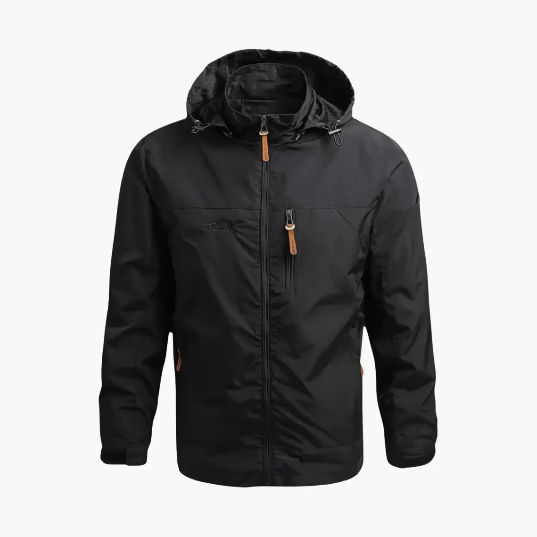 Men's black hooded jacket with full zip, chest and side pockets, brown zipper pulls.