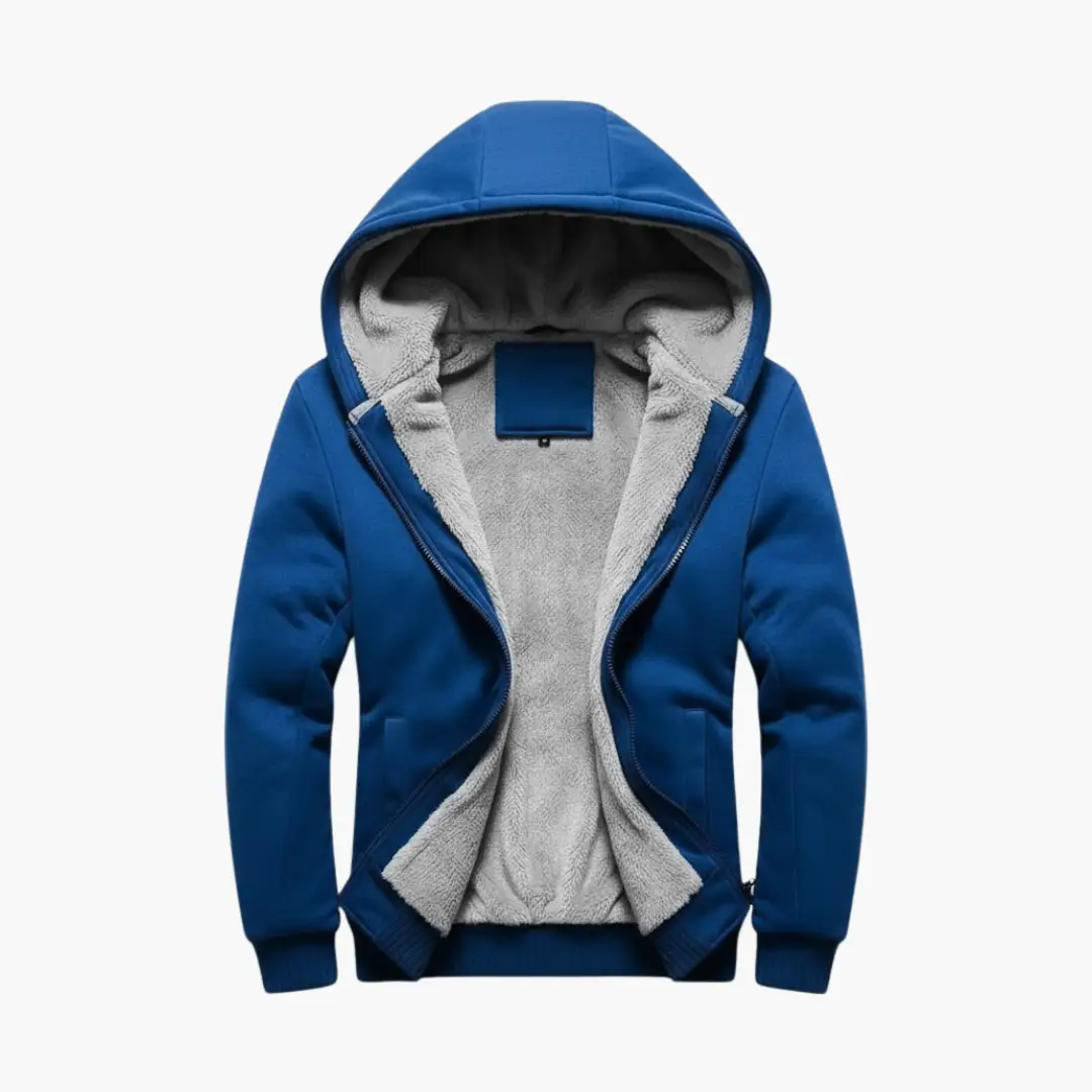 Men's blue hooded track jacket with zipper and soft fleece lining