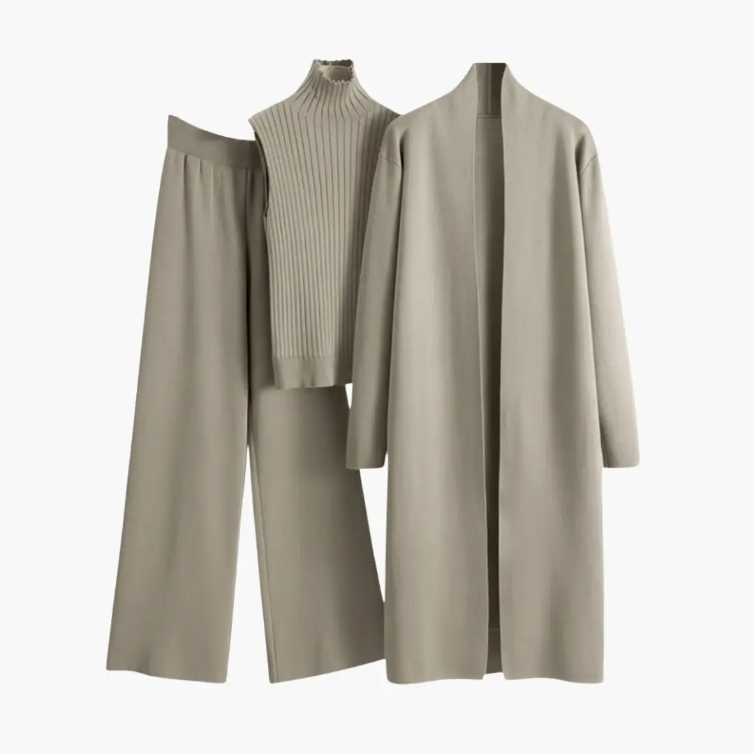 Women’s 3 Piece Knit Set with open cardigan, sleeveless ribbed top and wide-leg pants in taupe by Wilfred Smith