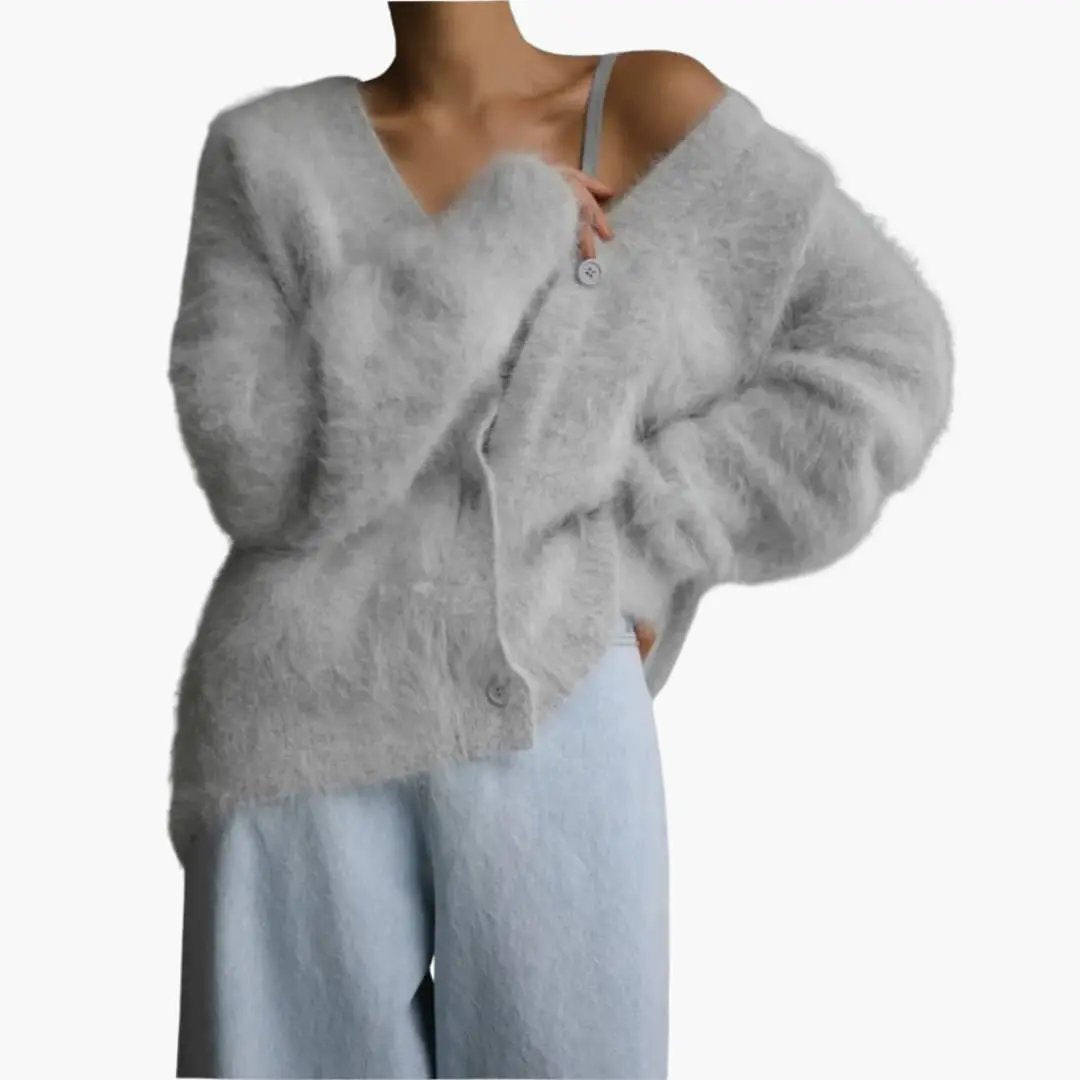 Women’s Cardigan by Wilfred Smith, light gray textured fuzzy knit with button-front, oversized.