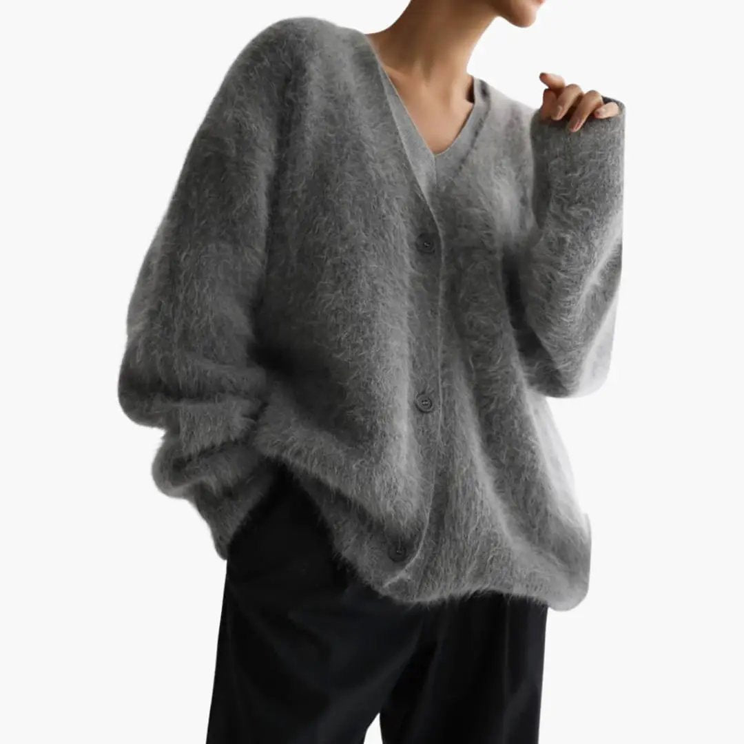 Women’s Cardigan by Wilfred Smith, grey textured fuzzy knit with buttons, oversized silhouette.