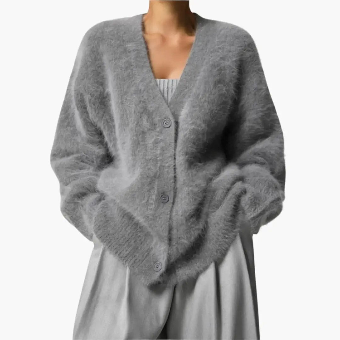 Women’s Cardigan with Textured Surface, gray fluffy knit, V-neck, button-front.