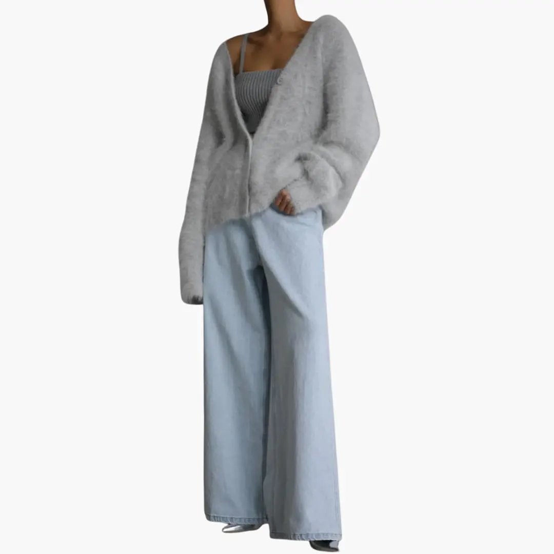 Women’s Cardigan with Textured Surface in light gray, oversized, open-front style.