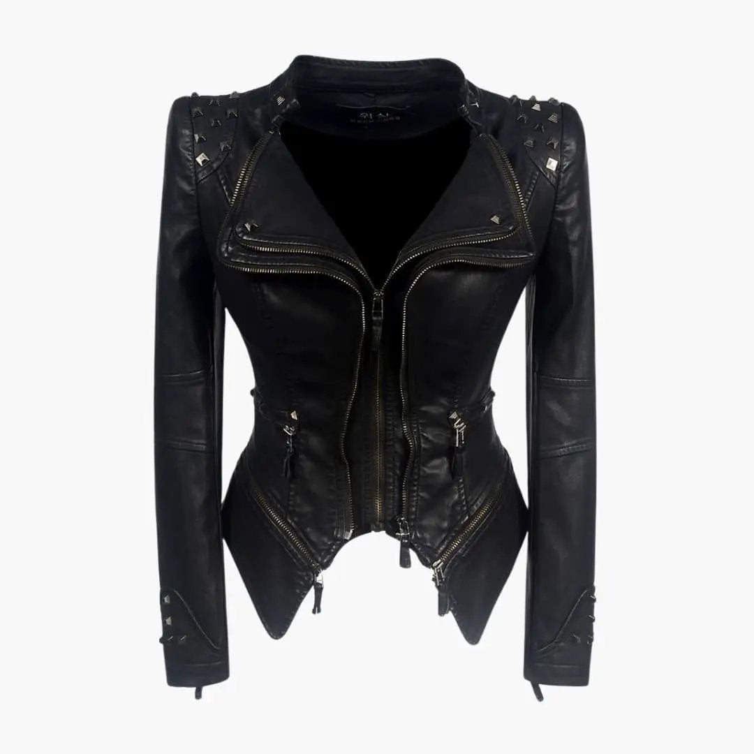 Women's biker jacket Wilfred Smith, black leather with studs and multiple zippers