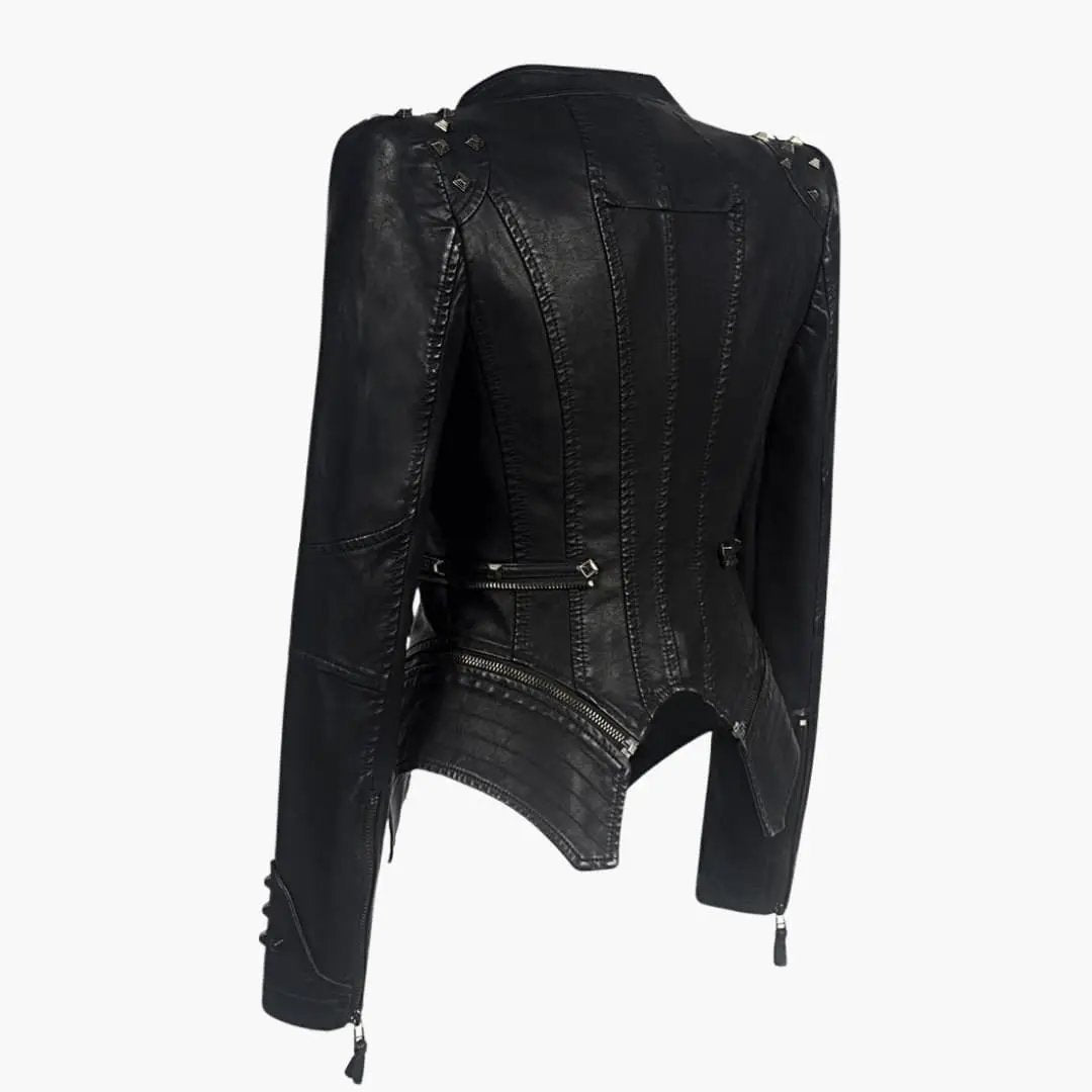 Women's Biker Jacket Wilfred Smith, black leather with studded shoulders and waist belt