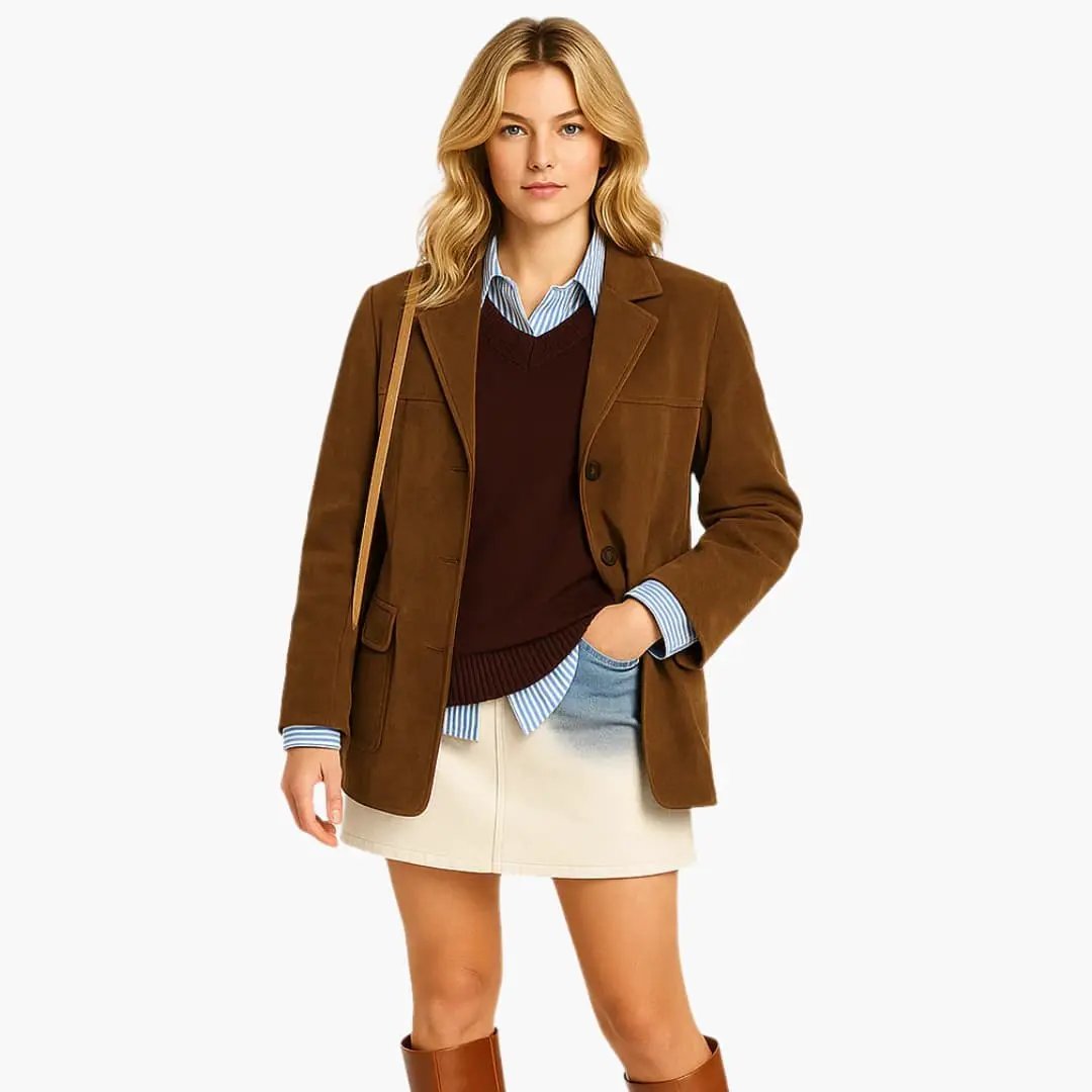Women's blazer by Wilfred Smith in brown suede-like fabric with button closure and side pockets.