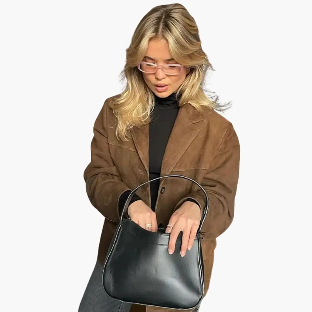 Women's oversized brown suede blazer with button closure and side pockets