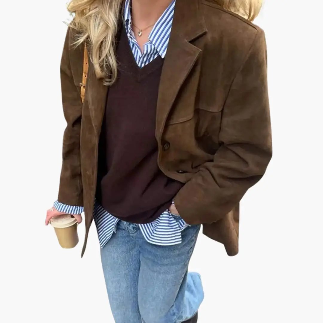Women's brown suede oversized blazer with button closure and side pockets