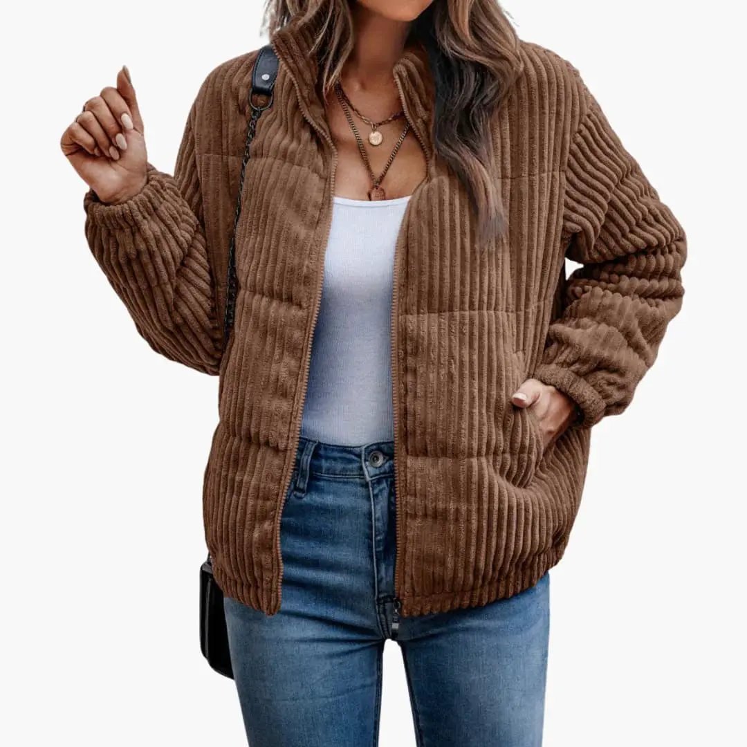 Women’s jacket with a brown ribbed exterior and zip-front zipper