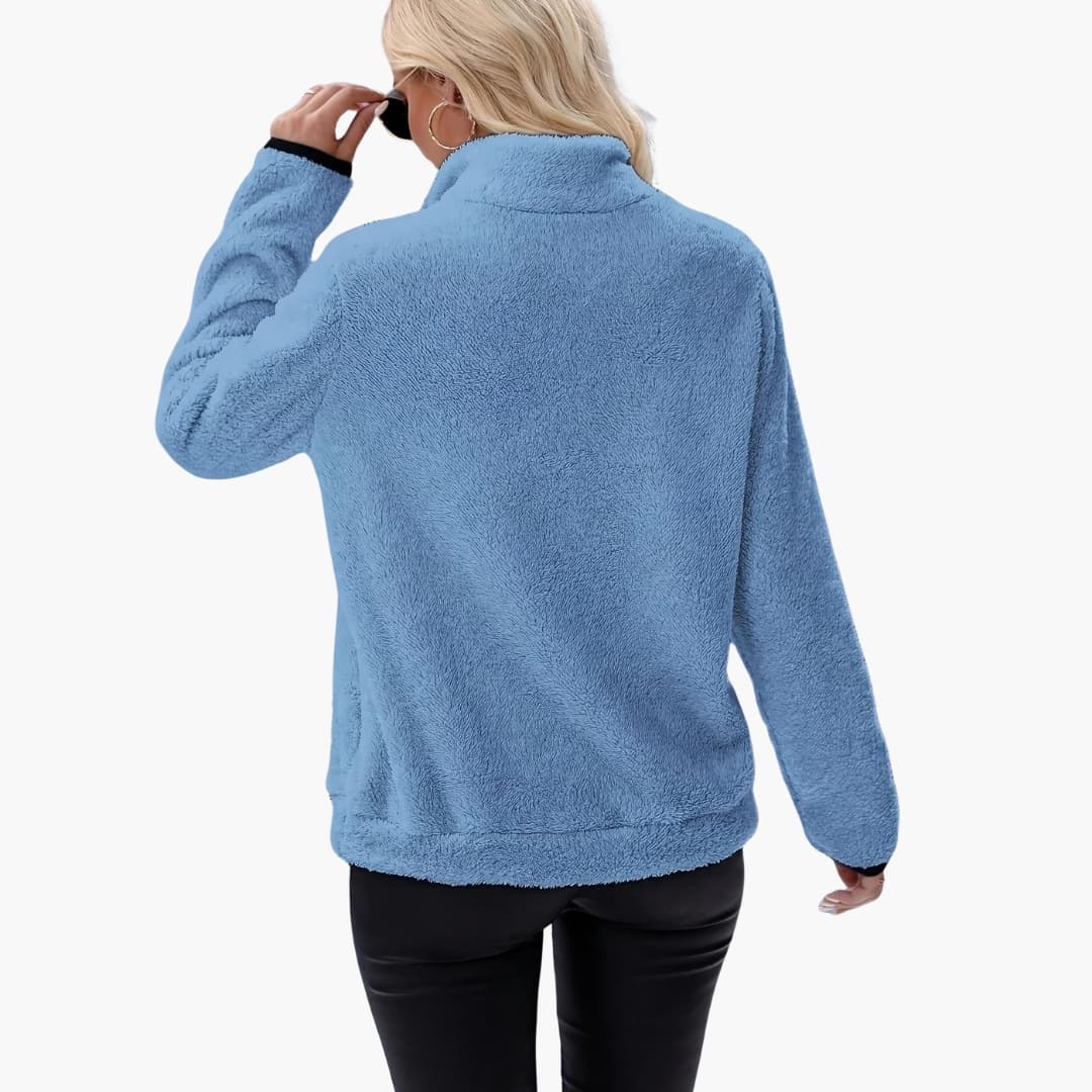 Women's Fleece Pullover with Half Zip in blue by Wilfred Smith; back view