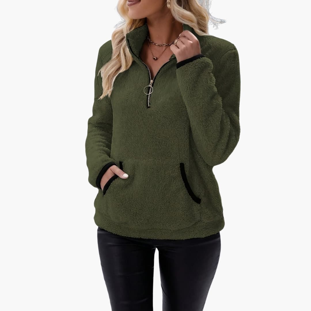 Women's fleece pullover with half-zip in olive green by Wilfred Smith, front pocket