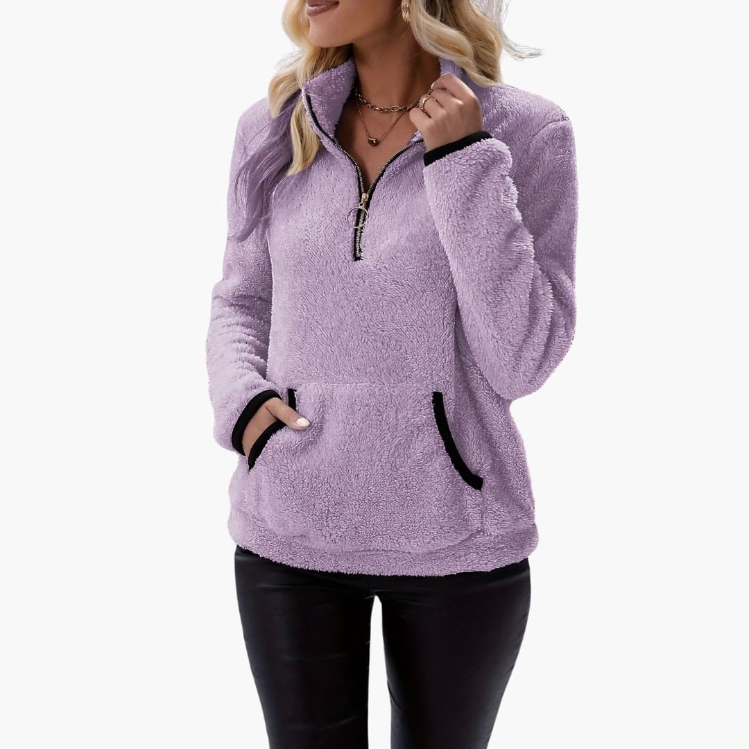 Women's lavender fleece pullover with half-zip and front pockets