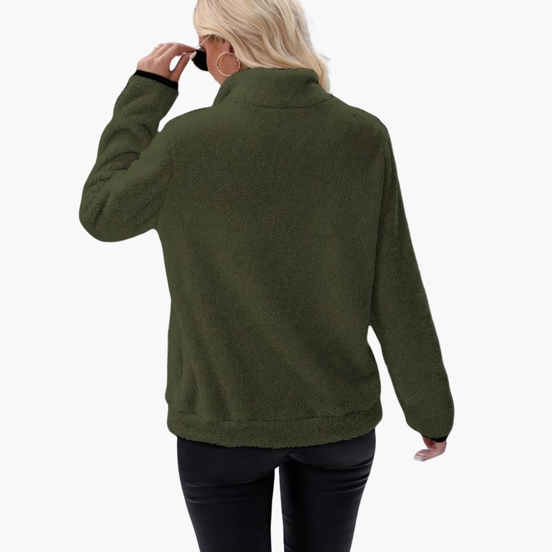 Women's olive-green fleece pullover, long sleeves, back view