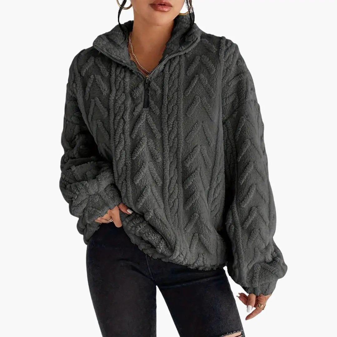 Women's fleece pullover with cable pattern, charcoal gray, Wilfred Smith sweater