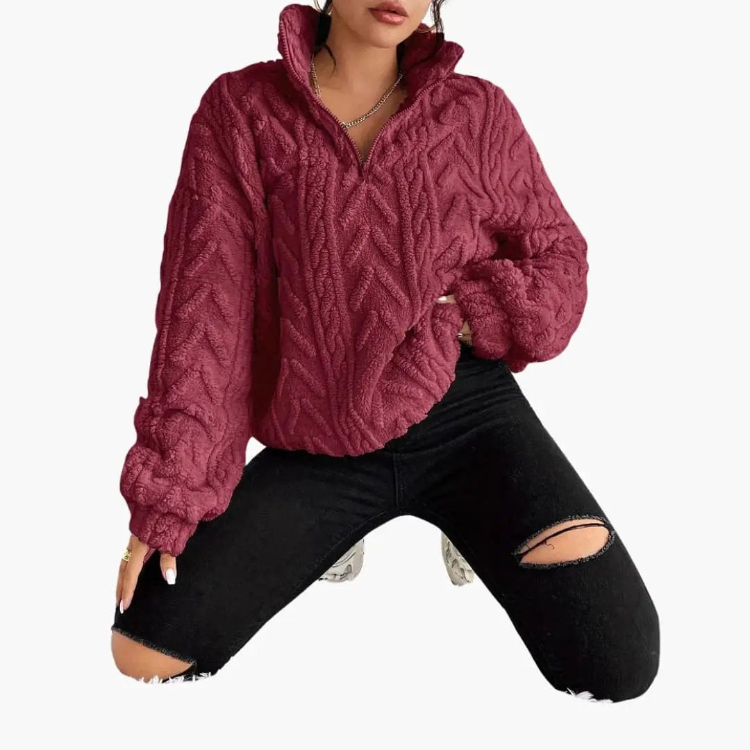 Women's fleece pullover with cable-knit pattern in burgundy by Wilfred Smith