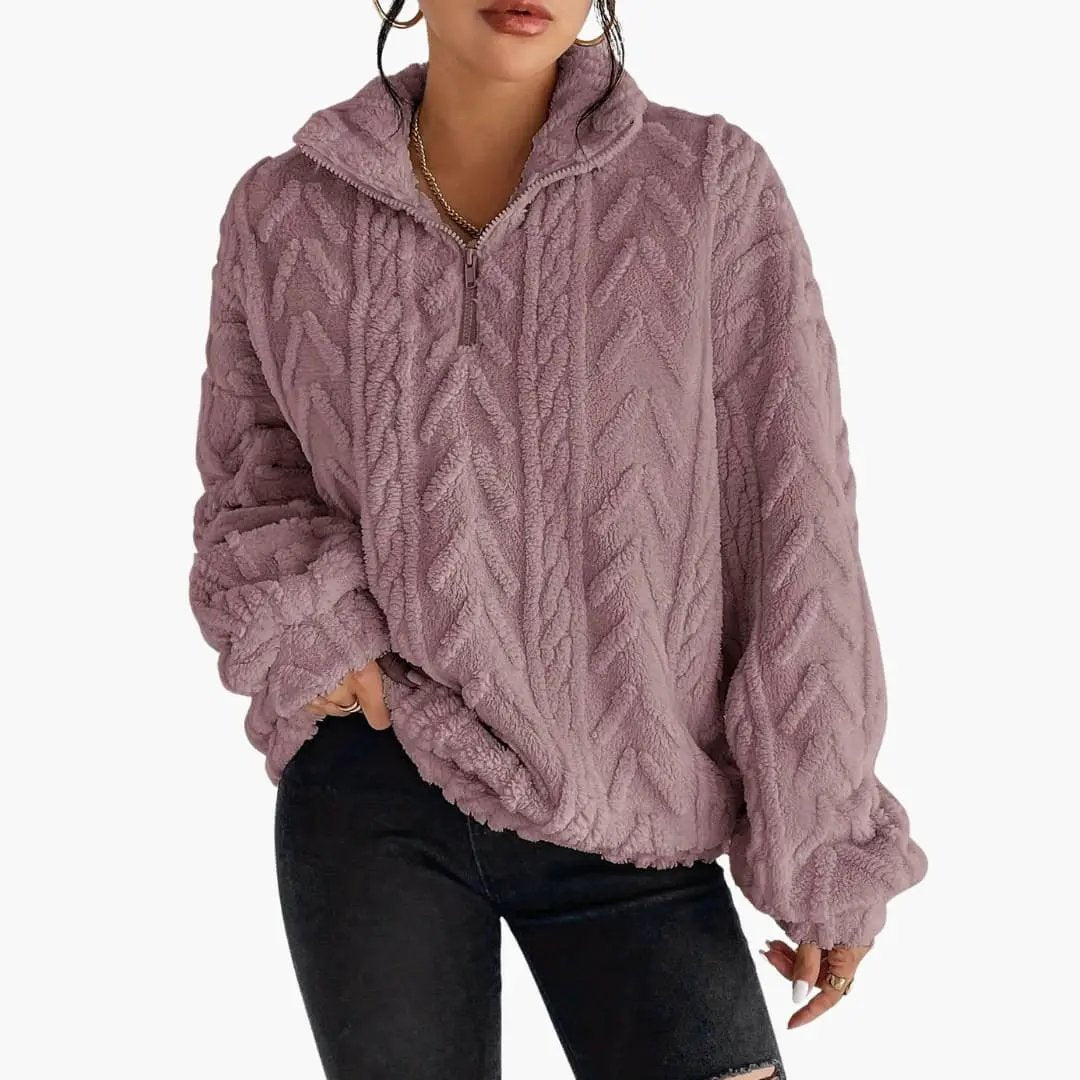 Women's fleece pullover with cable-knit pattern in mauve, oversized cozy sweater