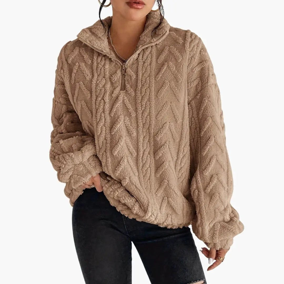Women's fleece pullover with cable pattern in beige sherpa, zip-neck, Wilfred Smith