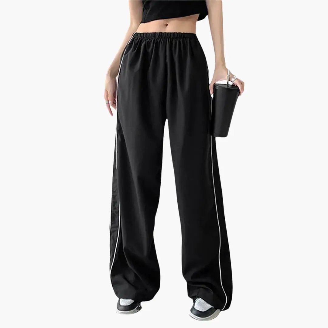 Women's Jogging Pants with Side Stripes, black baggy joggers with white piping along the sides