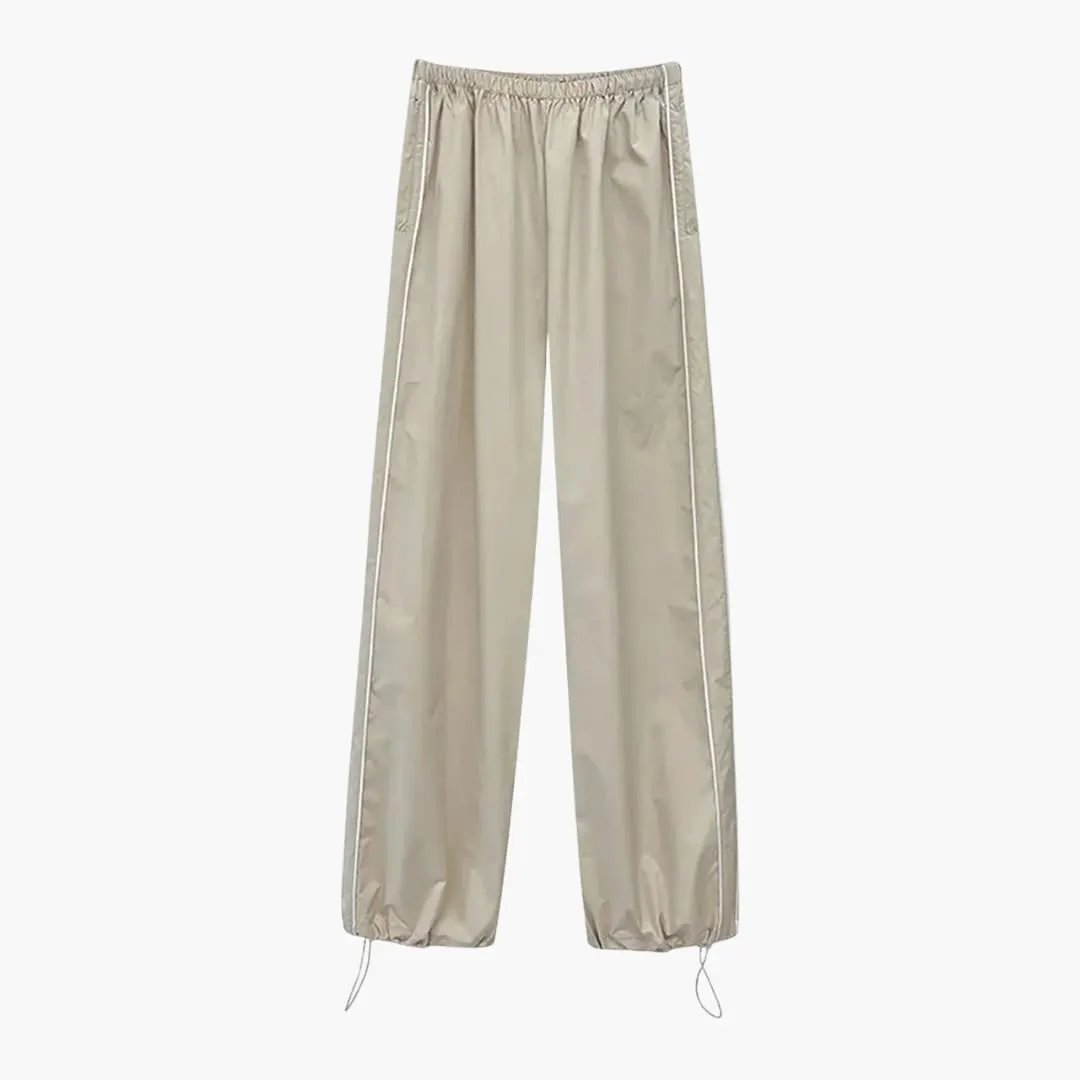 Women's Jogging Pants with Side Stripes by Wilfred Smith in beige, baggy fit with elastic waist and drawstrings