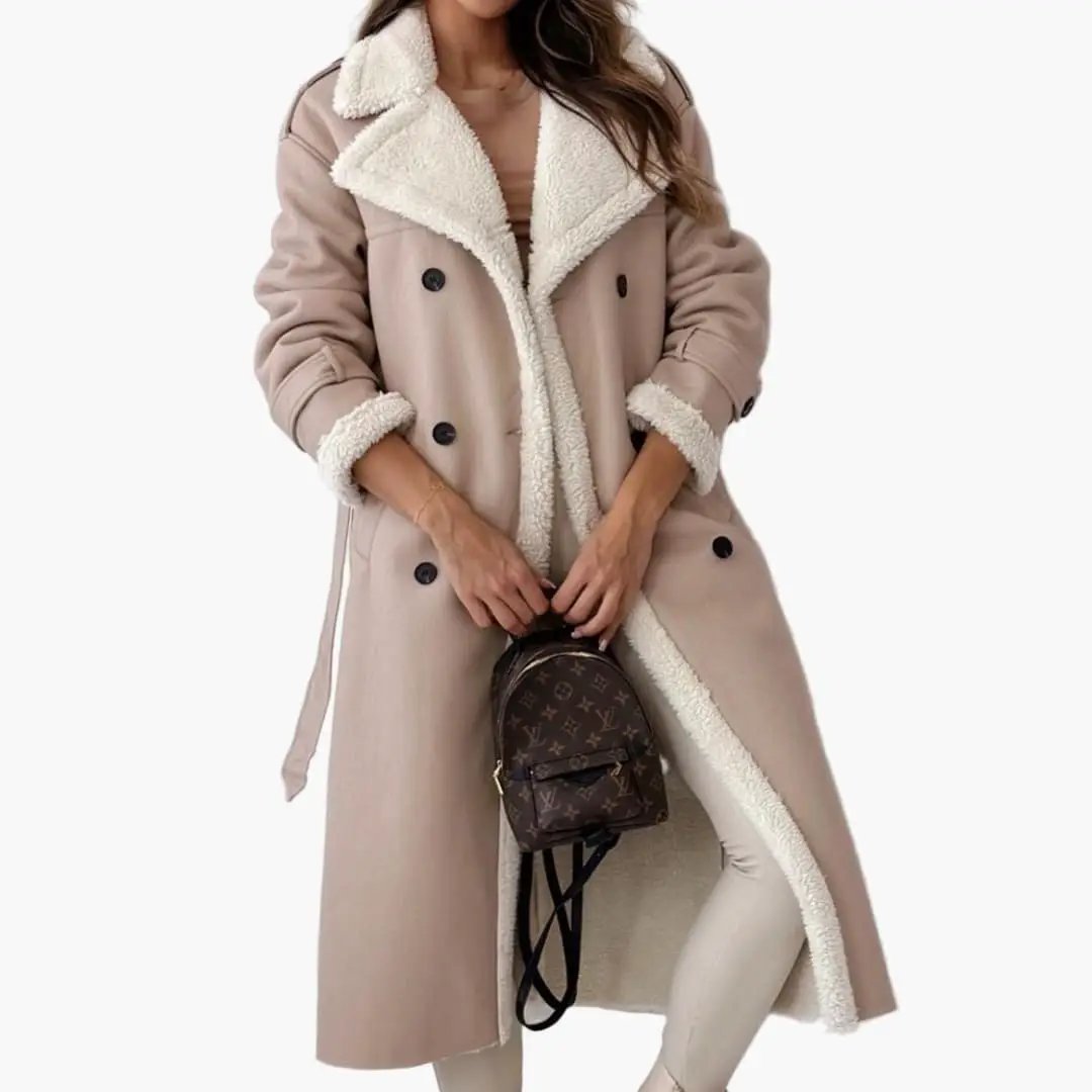Women’s long beige coat with lapel collar and shearling trim; 2-item set with Louis Vuitton backpack by Wilfred Smith