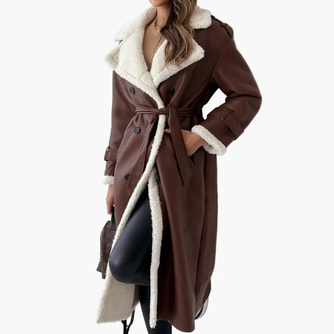 Women’s long coat with lapel collar and shearling trim by Wilfred Smith, brown belted overcoat