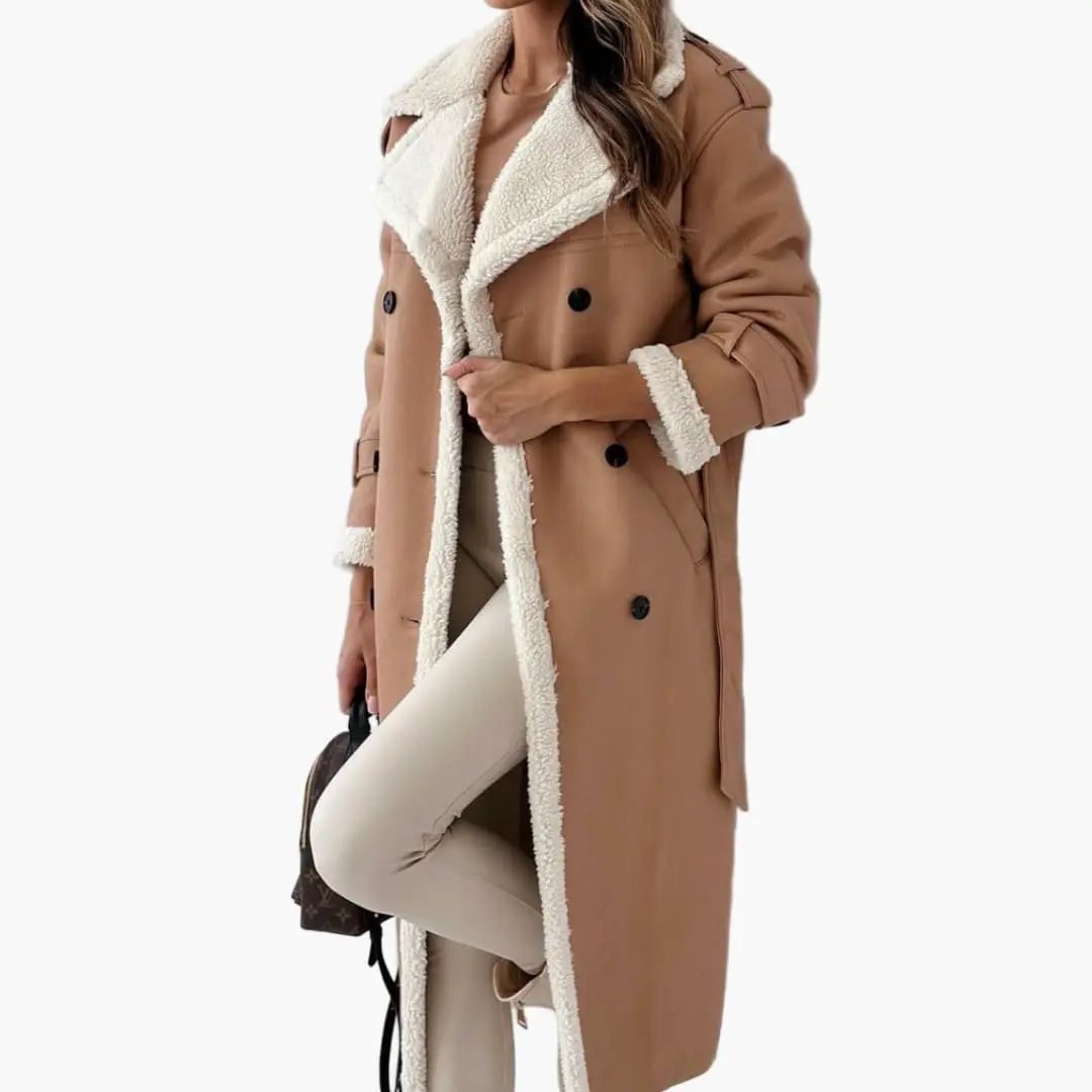 Women's long coat with lapel collar and shearling trim in camel by Wilfred Smith