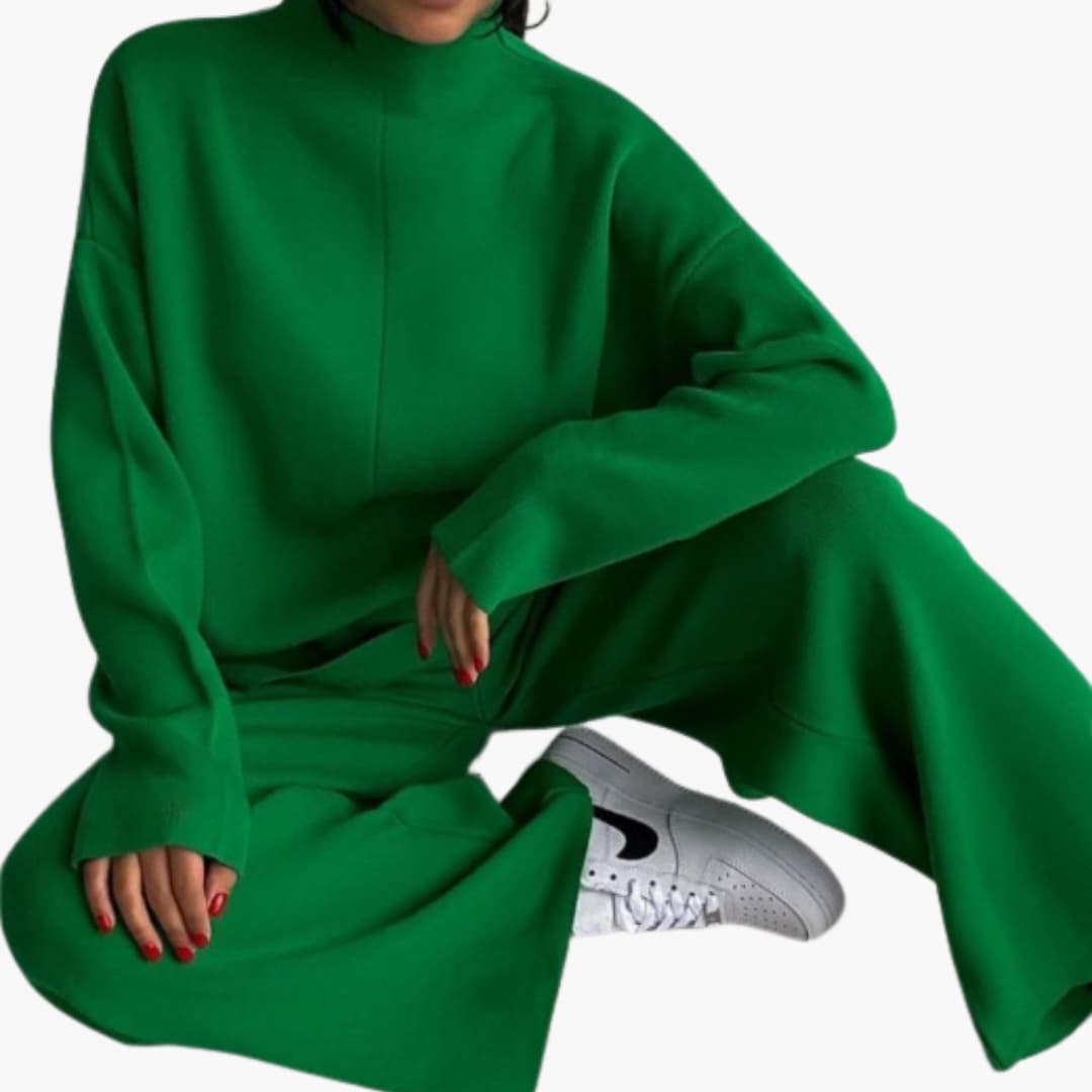 Women's two-piece green loungewear set with sweater and wide-leg pants by Wilfred Smith
