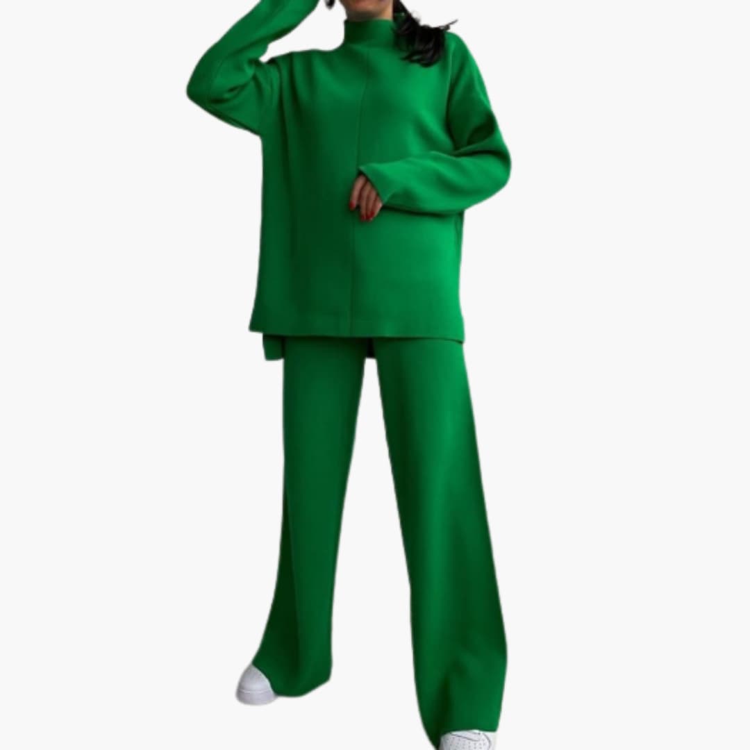 Women's loungewear set in green with an oversized sweater and wide-leg pants