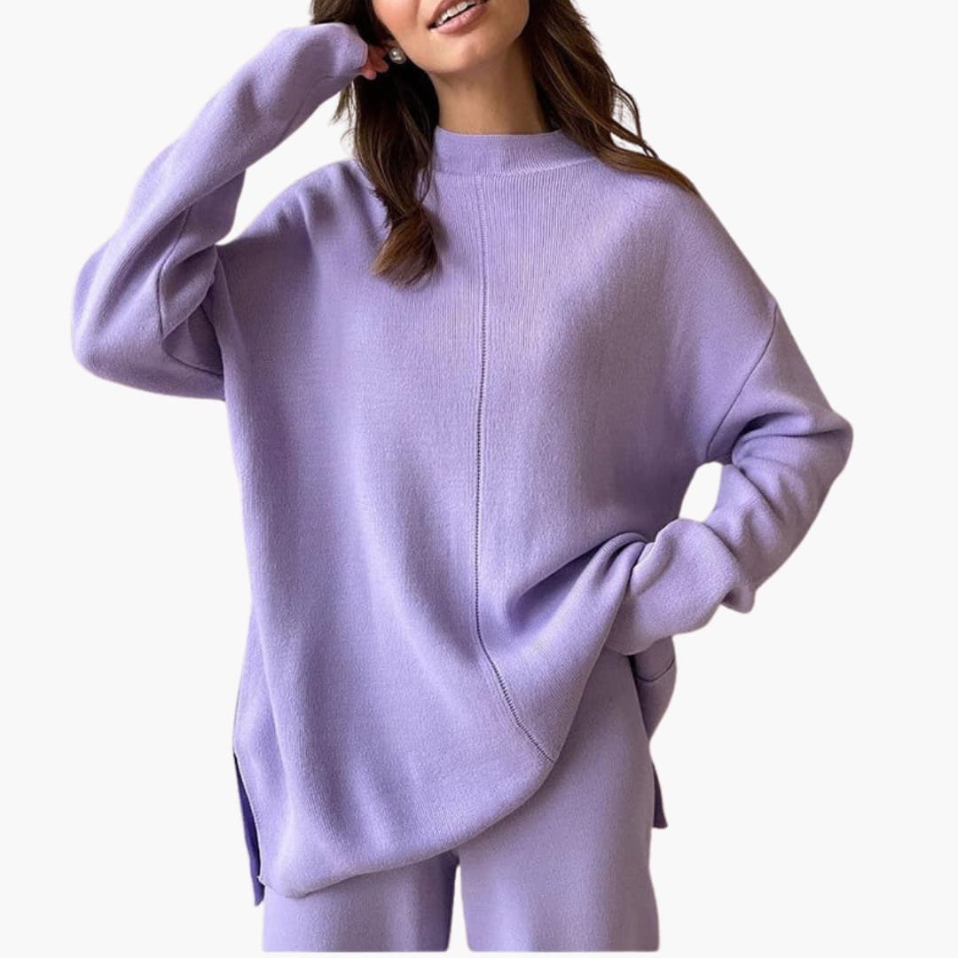 Women's lavender knit loungewear set with oversized sweater and wide-leg pants