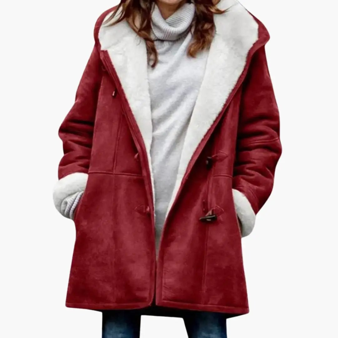 Red hooded women's coat with white sherpa lining and toggle closures, mid-length overcoat