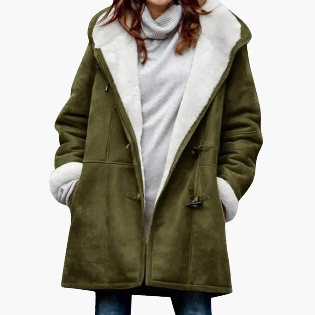 Women's Coat with Toggle Closure, olive-green hooded duffle-style coat with white shearling lining.