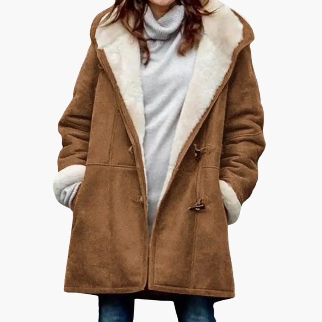 Women’s brown suede overcoat with white faux shearling lining and toggle closures
