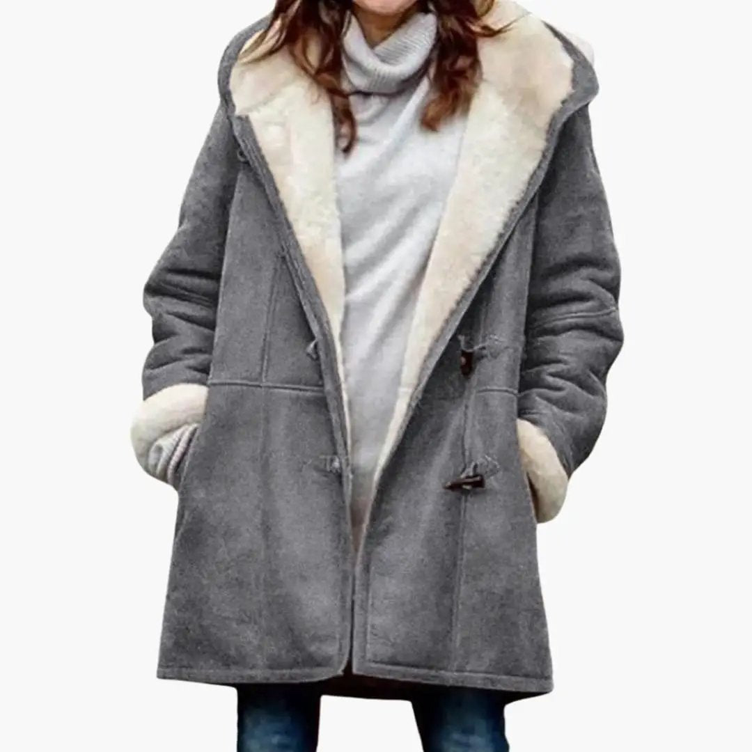 Women's gray hooded shearling-lined coat with toggle closures, Wilfred Smith