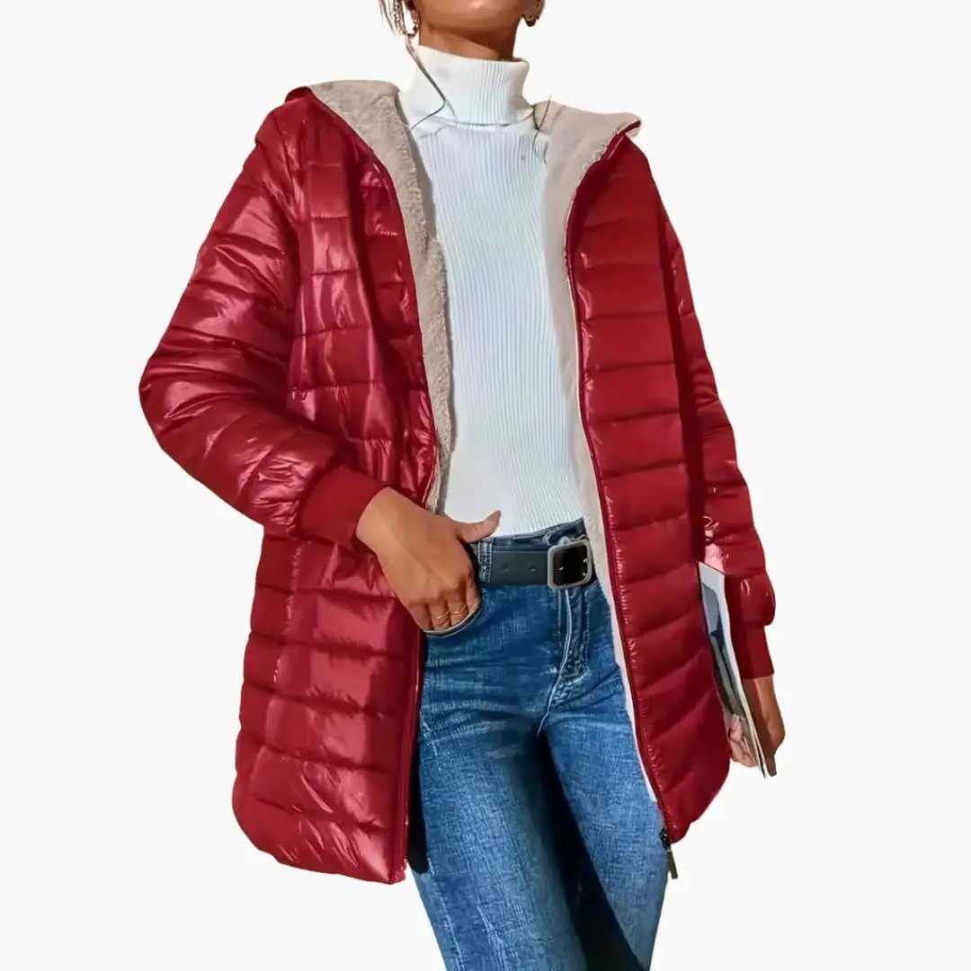 Women's red puffer coat with hood and zipper by Wilfred Smith