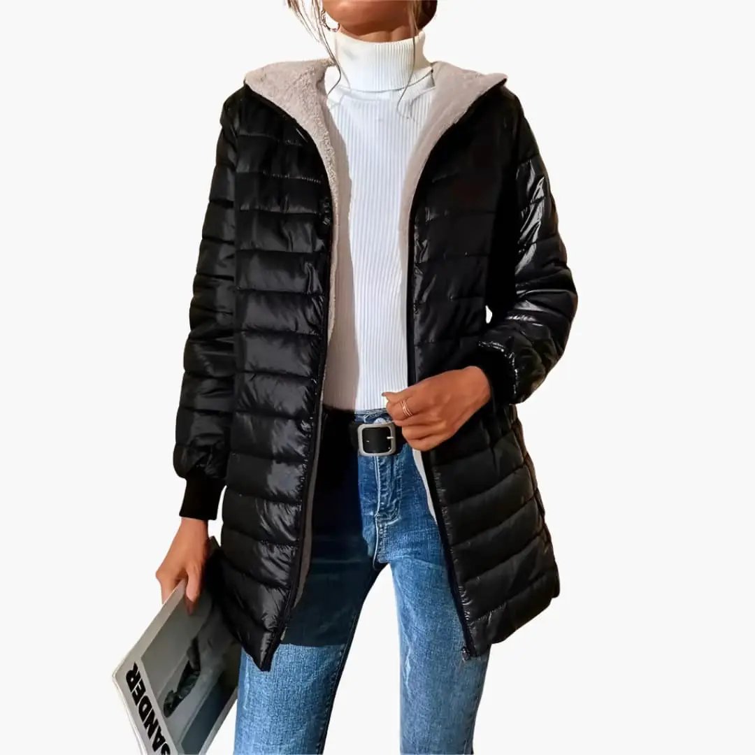 Women's puffer coat with hood, black quilted design, beige fleece lining, by Wilfred Smith.