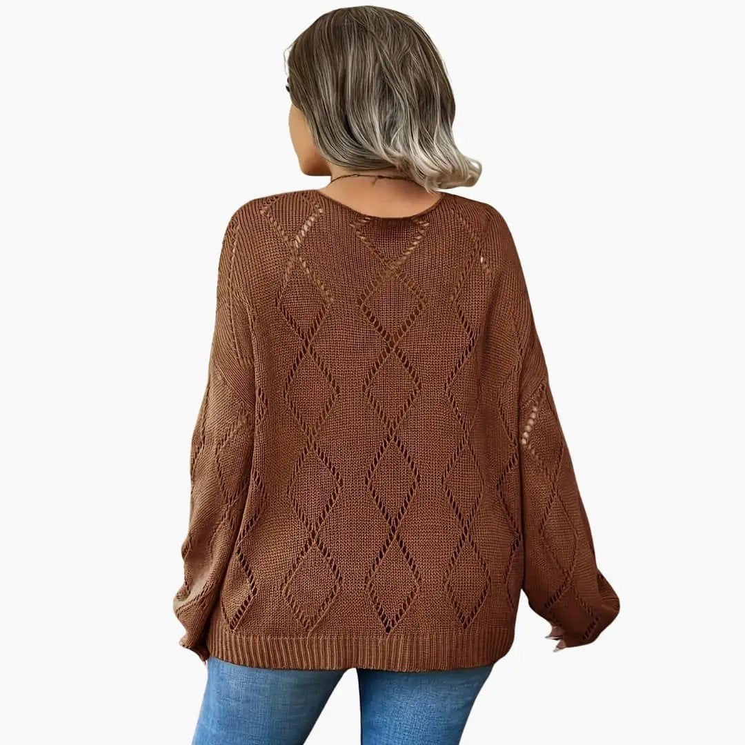 Women's oversized sweater by Wilfred Smith in brown knit with diamond lattice pattern, back view