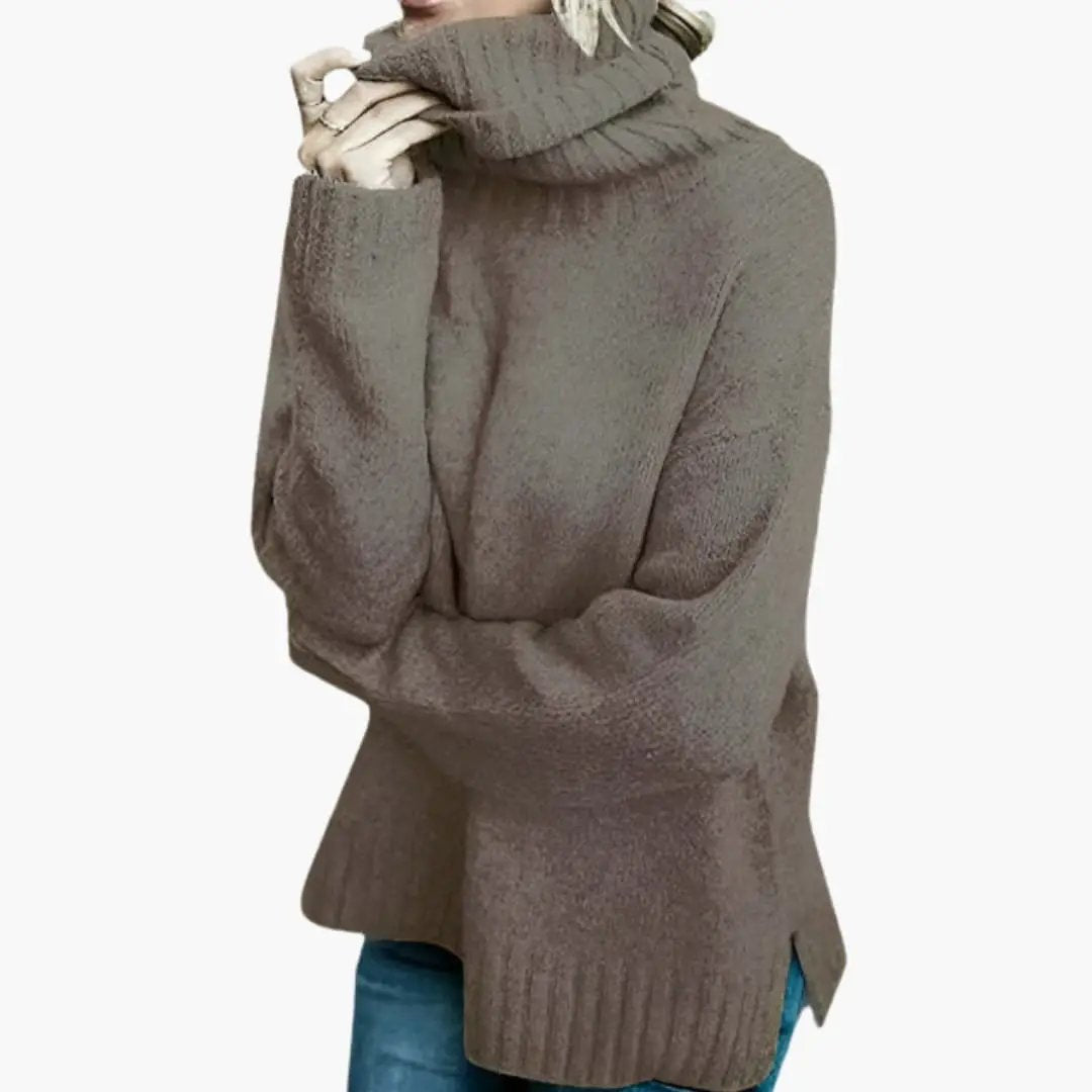 Women's oversized knit sweater with long sleeves and turtleneck in taupe