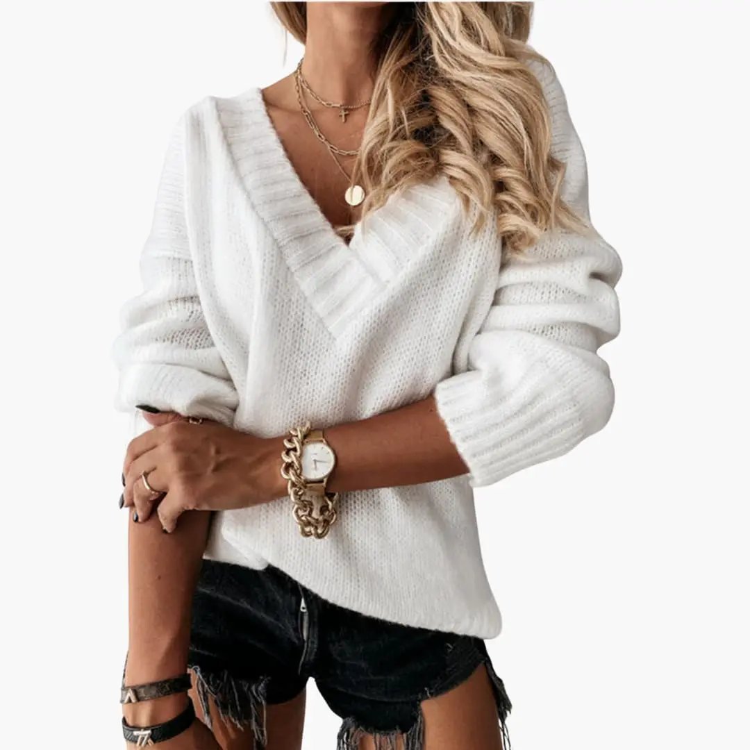 Women's white knitted V-neck pullover with oversized sleeves