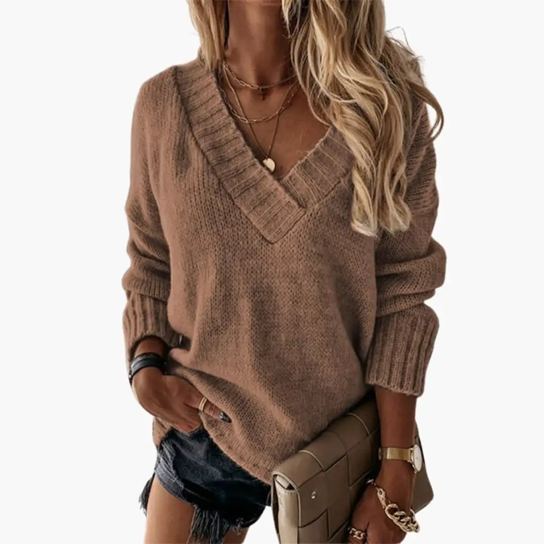 Women's brown V-neck knitted sweater with rolled sleeves