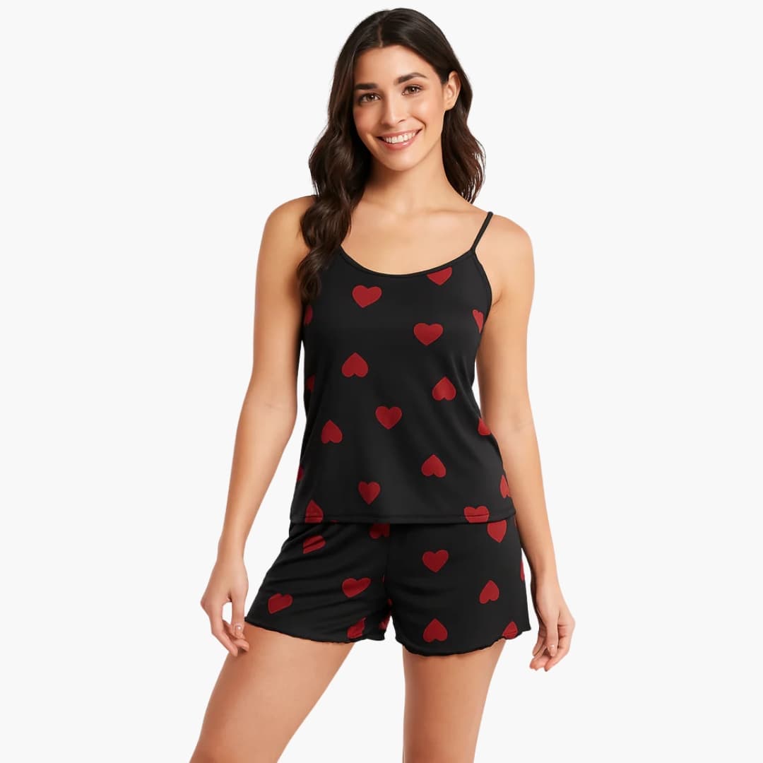Women's two-piece pajama set by Wilfred Smith, black with red heart print, sleeveless top and matching shorts.