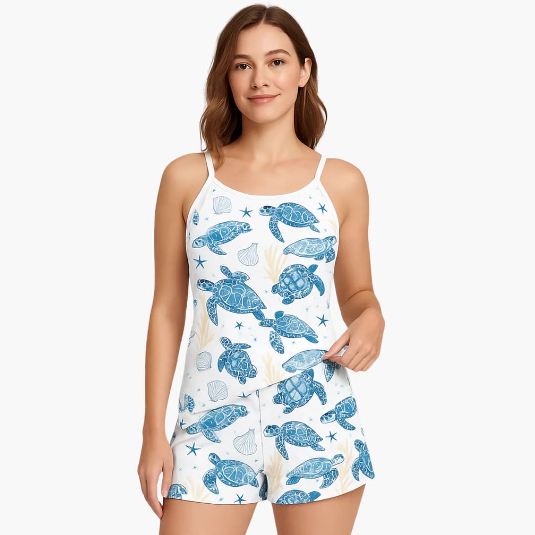 Women's two-piece pajama set with blue turtle print on white, camisole top and matching shorts, Wilfred Smith