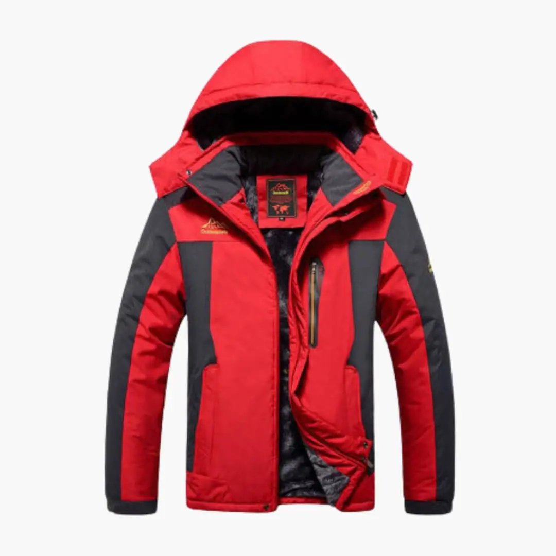 Women's ski jacket with hood by Wilfred Smith in red with dark gray panels and front chest zip pocket