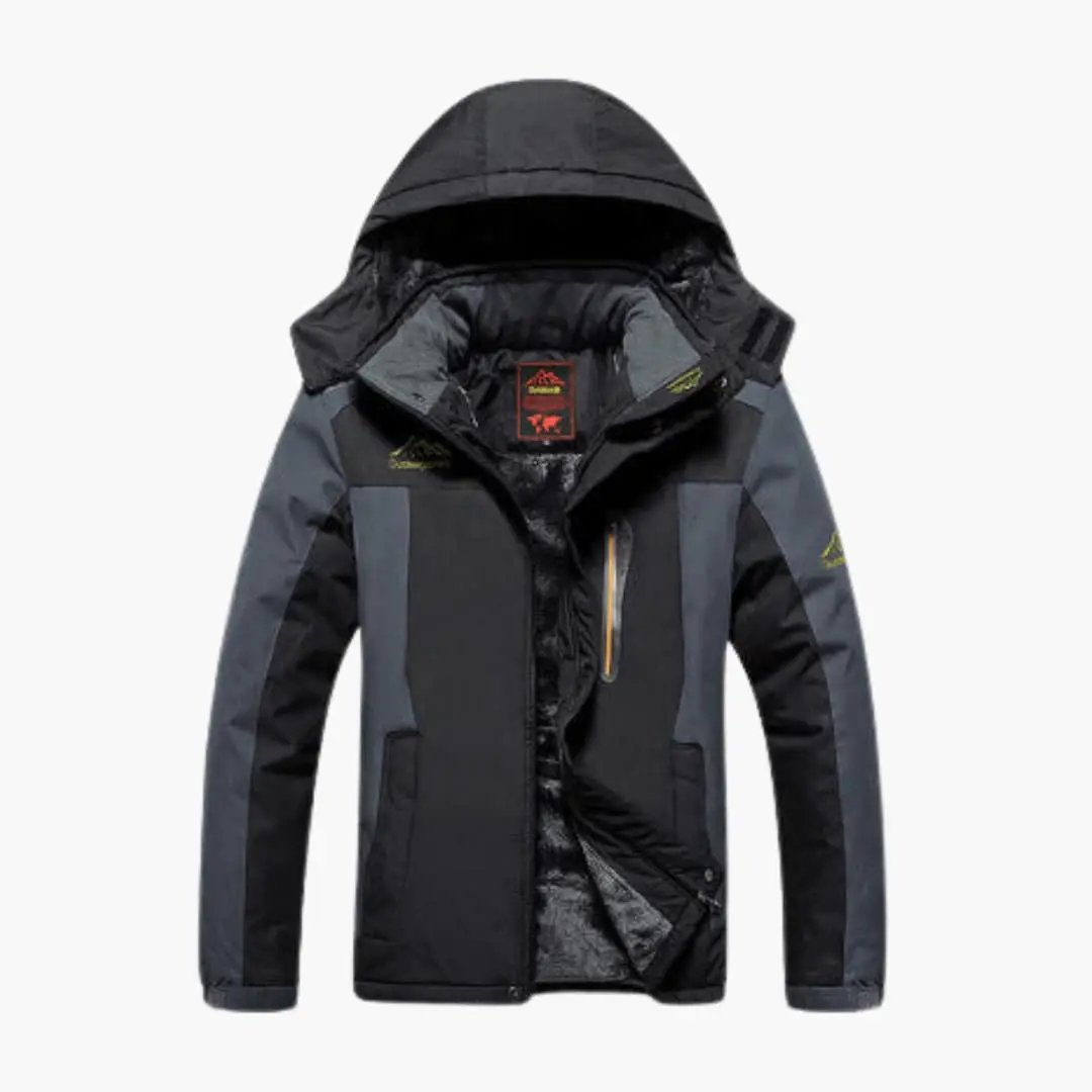 Women's ski jacket with hood by Wilfred Smith in black and gray panels