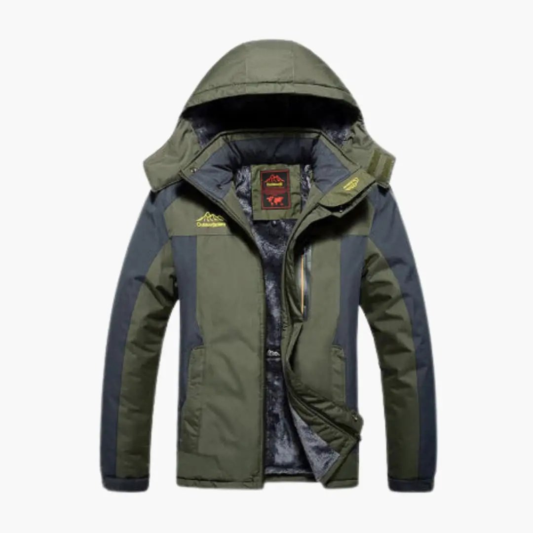 Women's ski jacket with hood by Wilfred Smith, olive green and dark gray color-blocked.