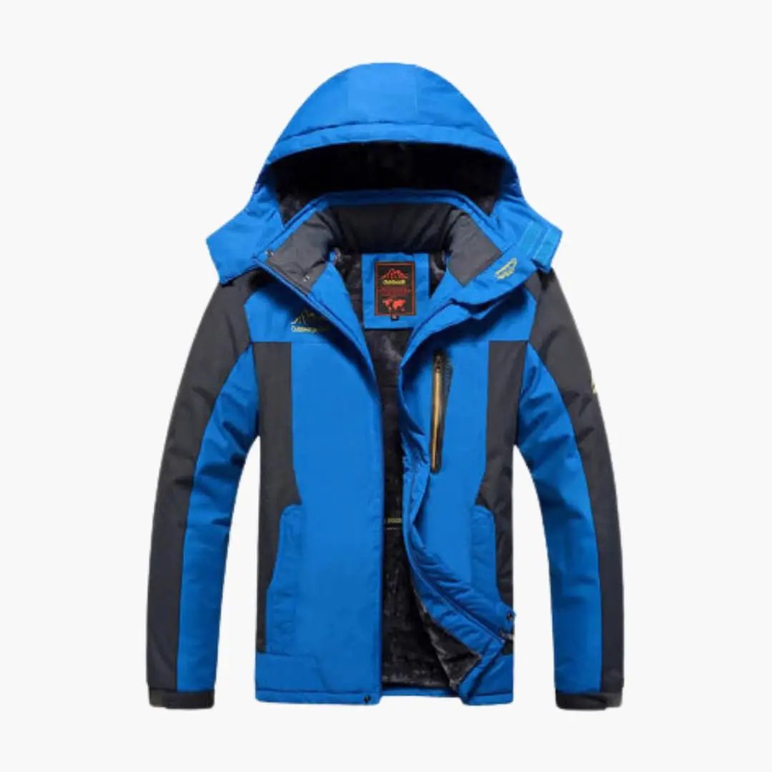 Women's ski jacket with hood by Wilfred Smith, blue with dark gray panels.