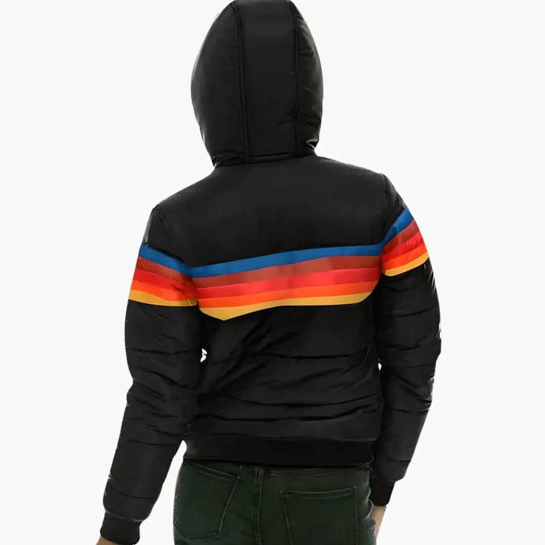 Women's padded puffer jacket with hood by Wilfred Smith, black with rainbow stripe across back